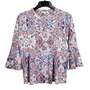 Studio Works Top Women PM Multicolor V-Neck 3/4 Bell Sleeve‎ Abstract Print Boho